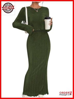 Ribbed Long Sleeve Top and Maxi Skirt Set Soft Stretch Two Piece Outfit